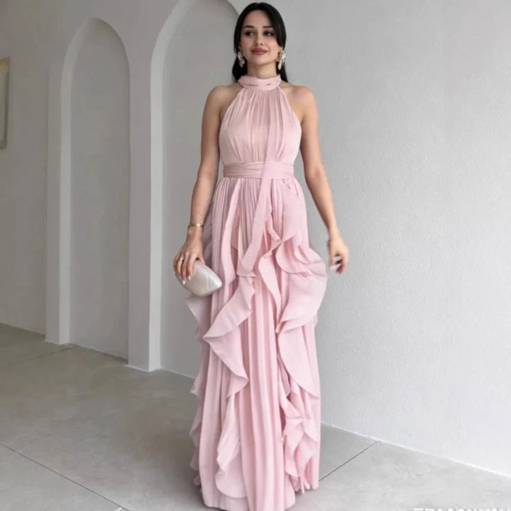 Orea™ High Neck Gathered Ruffle Layers Maxi Dress