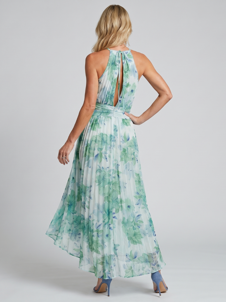 Portia™ Pleated Halter Soft Floral Pattern Midi Dress